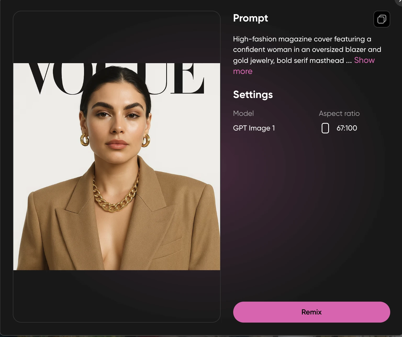 High-fashion magazine cover featuring a woman in an oversized blazer and gold jewelry