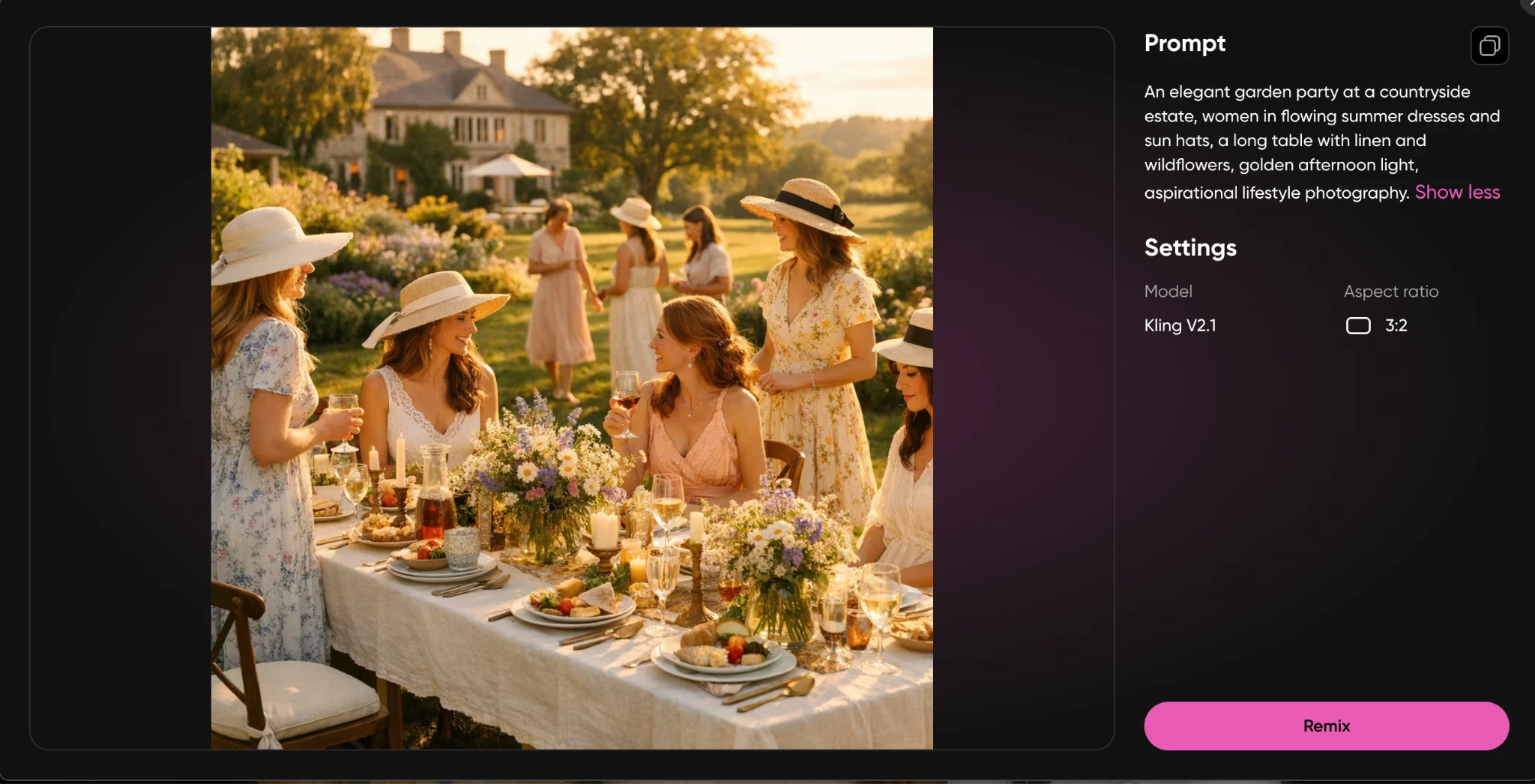Elegant garden party at a countryside estate with women in summer dresses and a long linen table