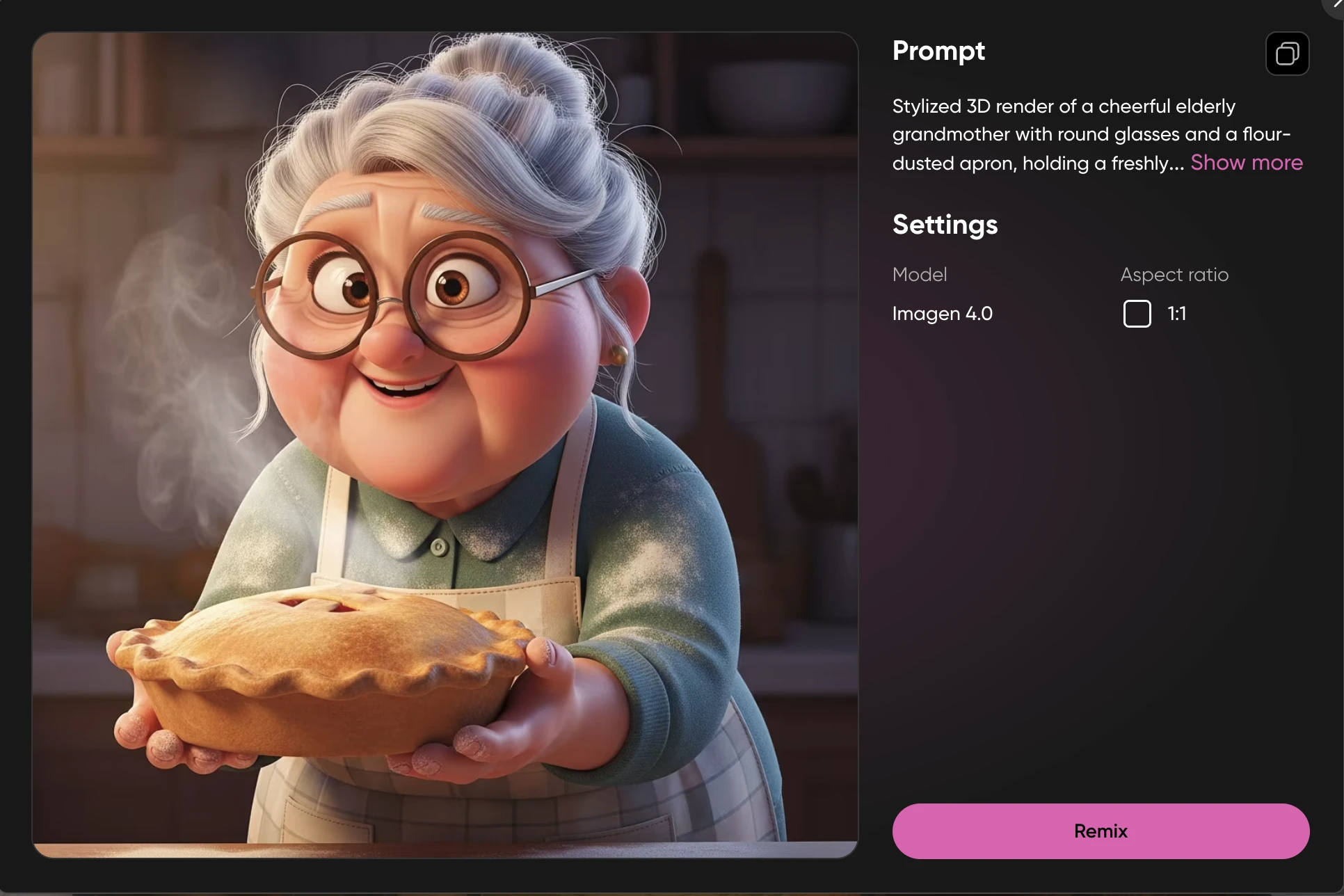 Stylized 3D render of a cheerful elderly grandmother in a flour-dusted apron holding a baked pie