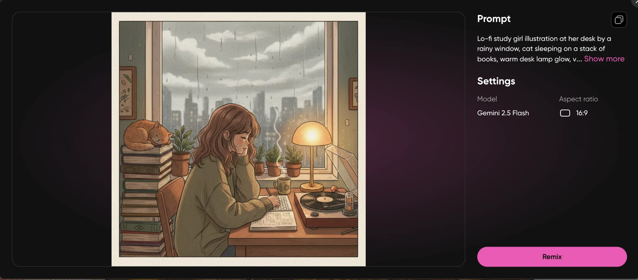 Lo-fi anime illustration of a study girl at her desk by a rainy window with a sleeping cat