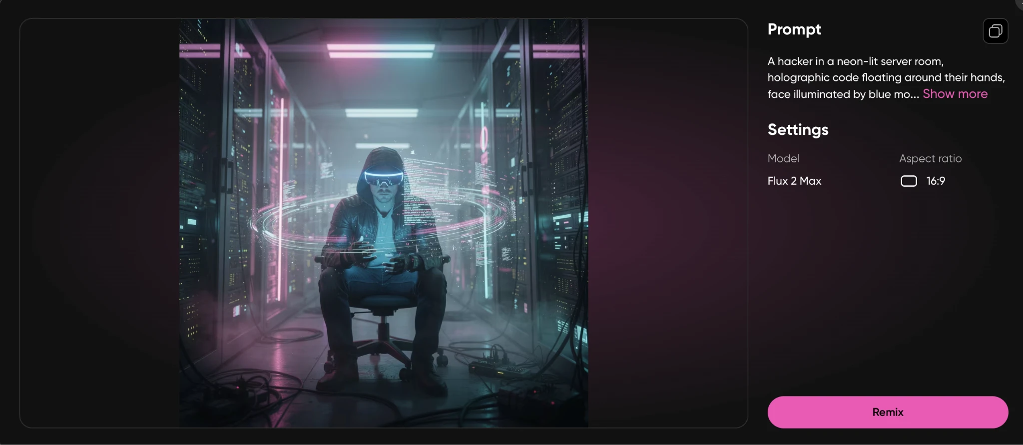 Hacker in a neon-lit server room with holographic code floating around their hands