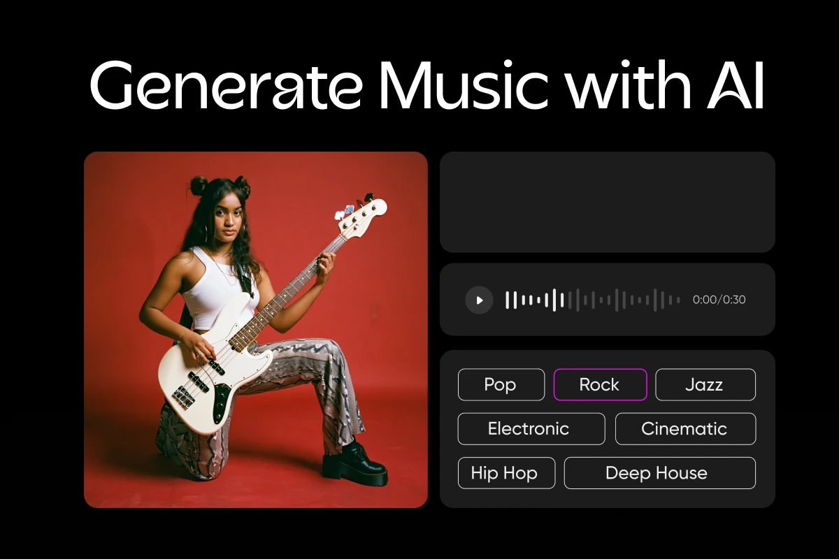 Make AI music in Picsart - audio player with genre chips for pop, rock, jazz, electronic, and more