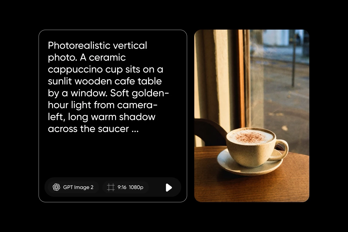 GPT Image 2 photorealistic cafe cappuccino image, made on Picsart