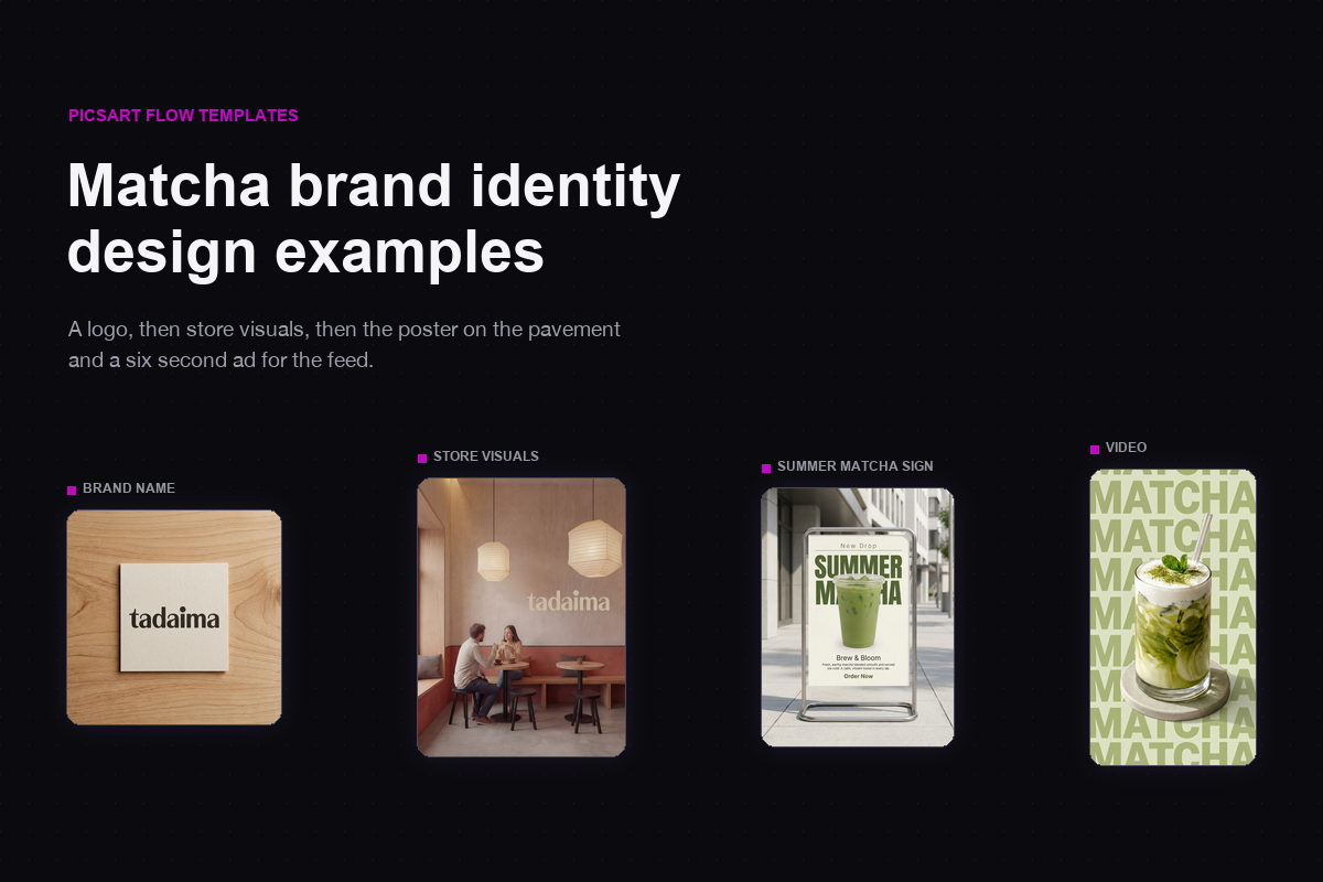 Matcha brand identity design examples: 3 workflows, logo to ads