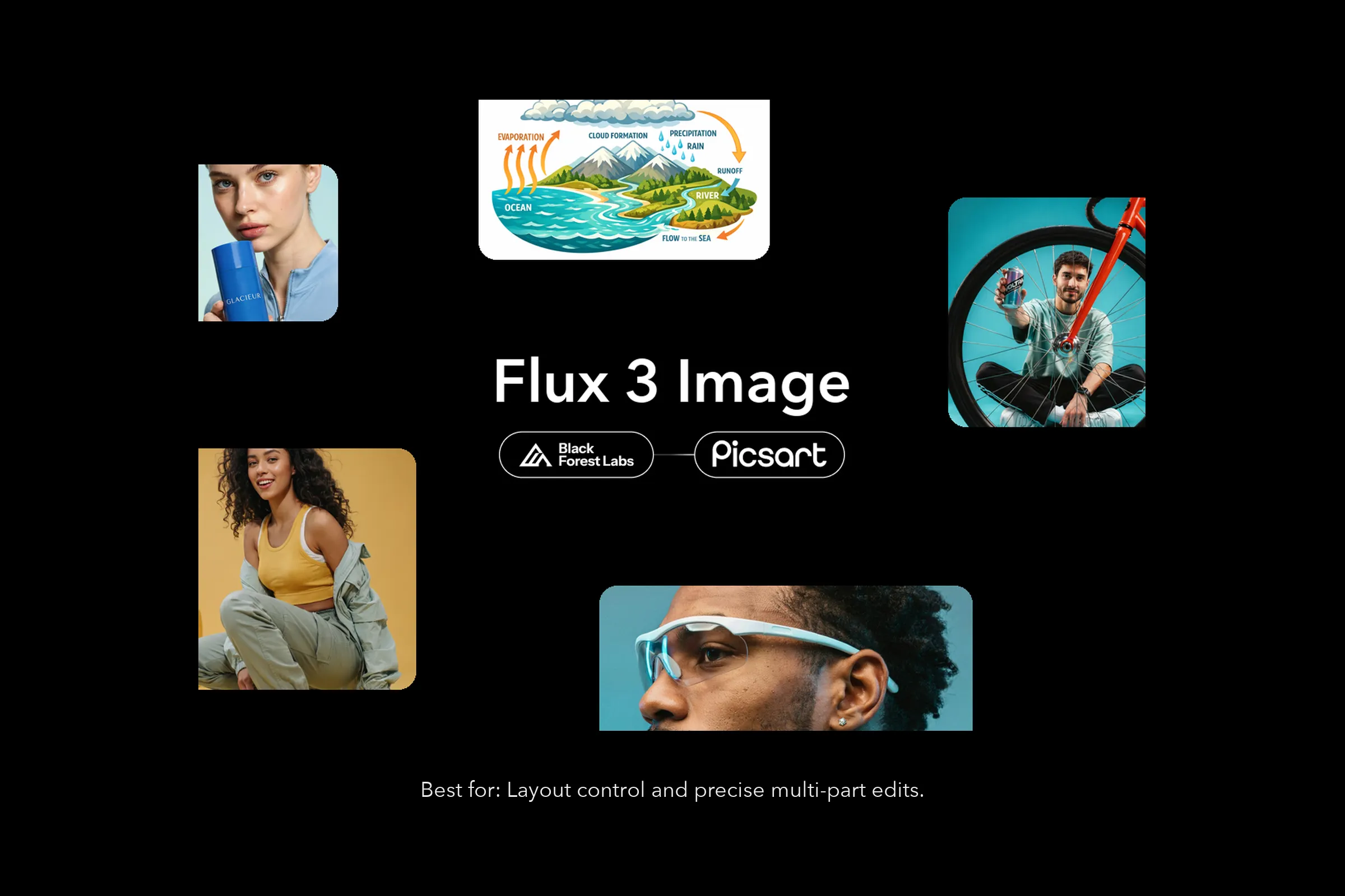 Flux 3 Image AI image examples: portraits, a water-cycle infographic and a cyclist on black