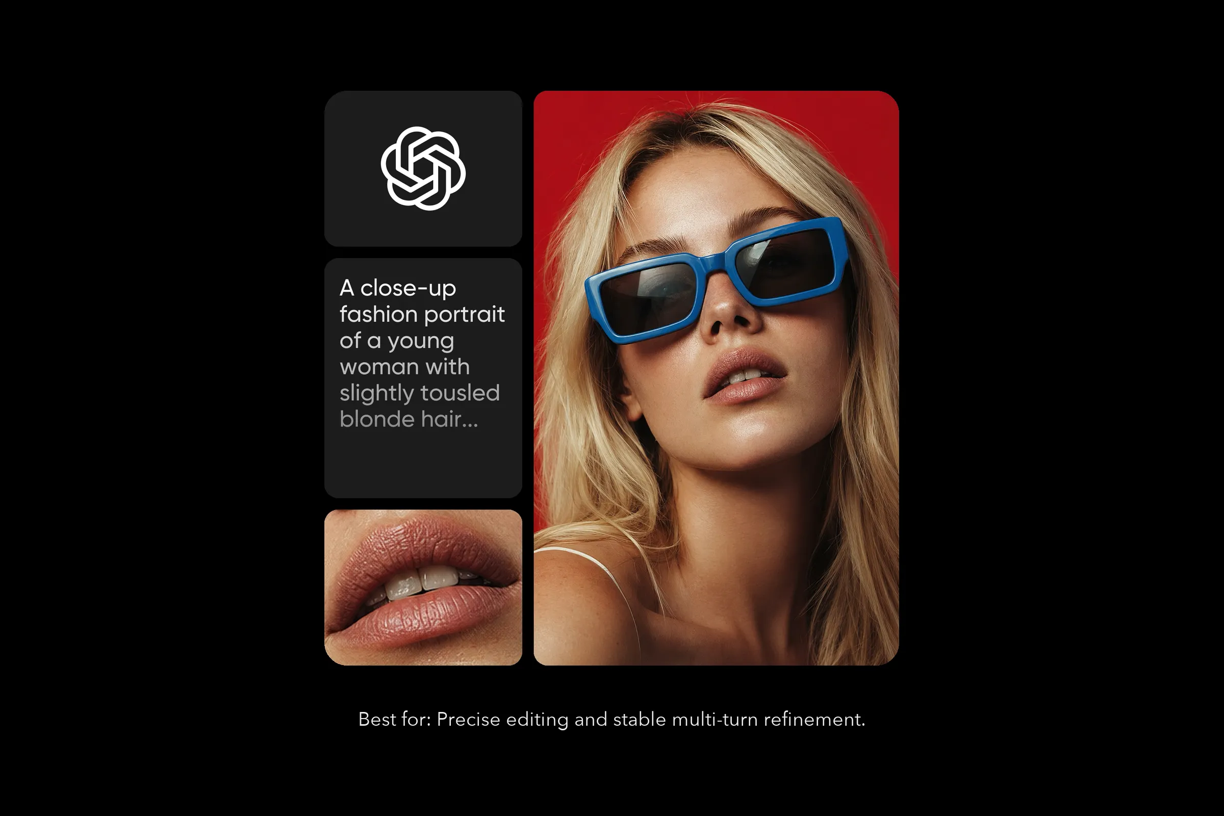 GPT Image 2.5 AI image example: close-up portrait of a blonde woman in blue sunglasses with its prompt