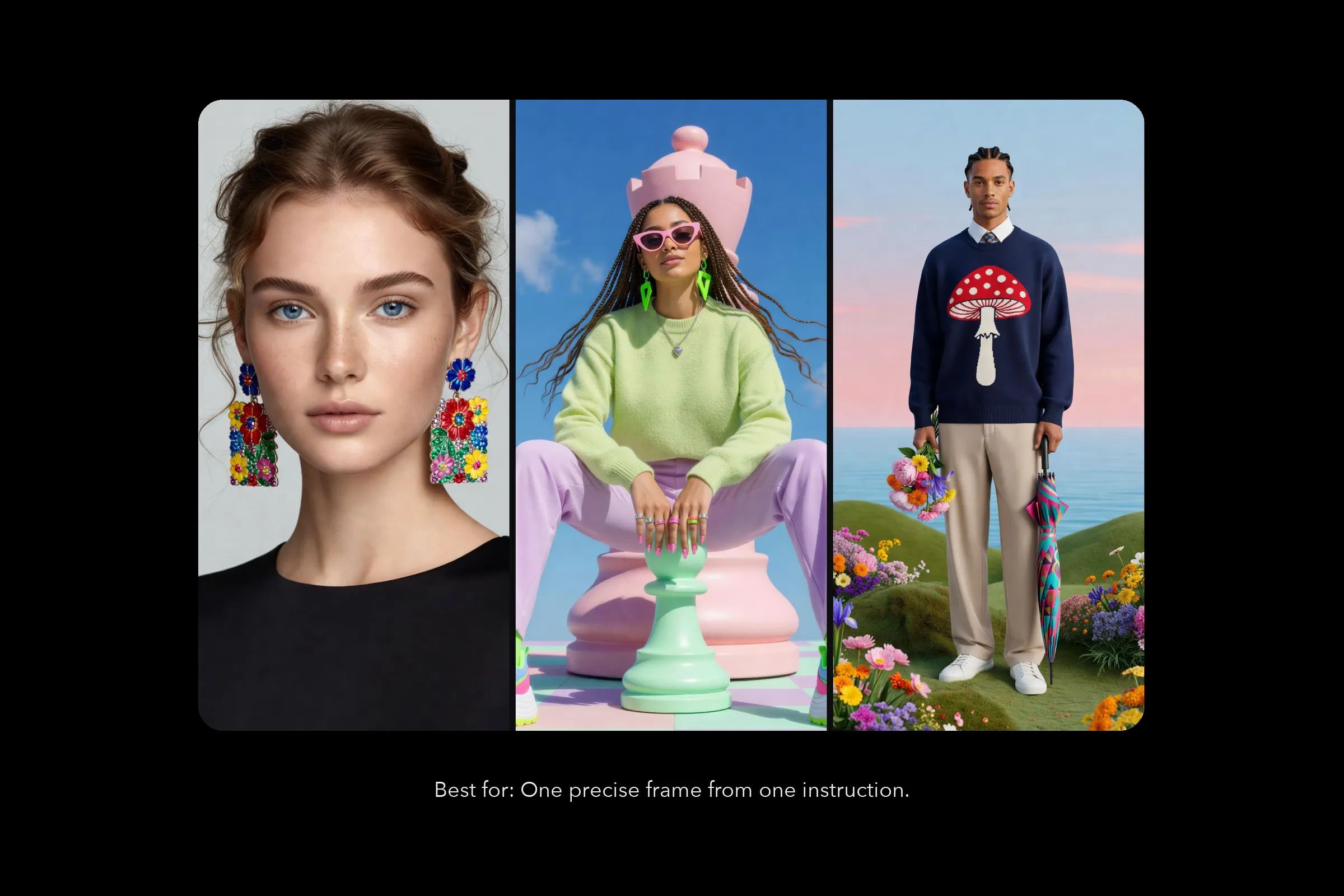 Grok Imagine 2 AI image examples: portrait with floral earrings, woman on a chess piece, mushroom sweater