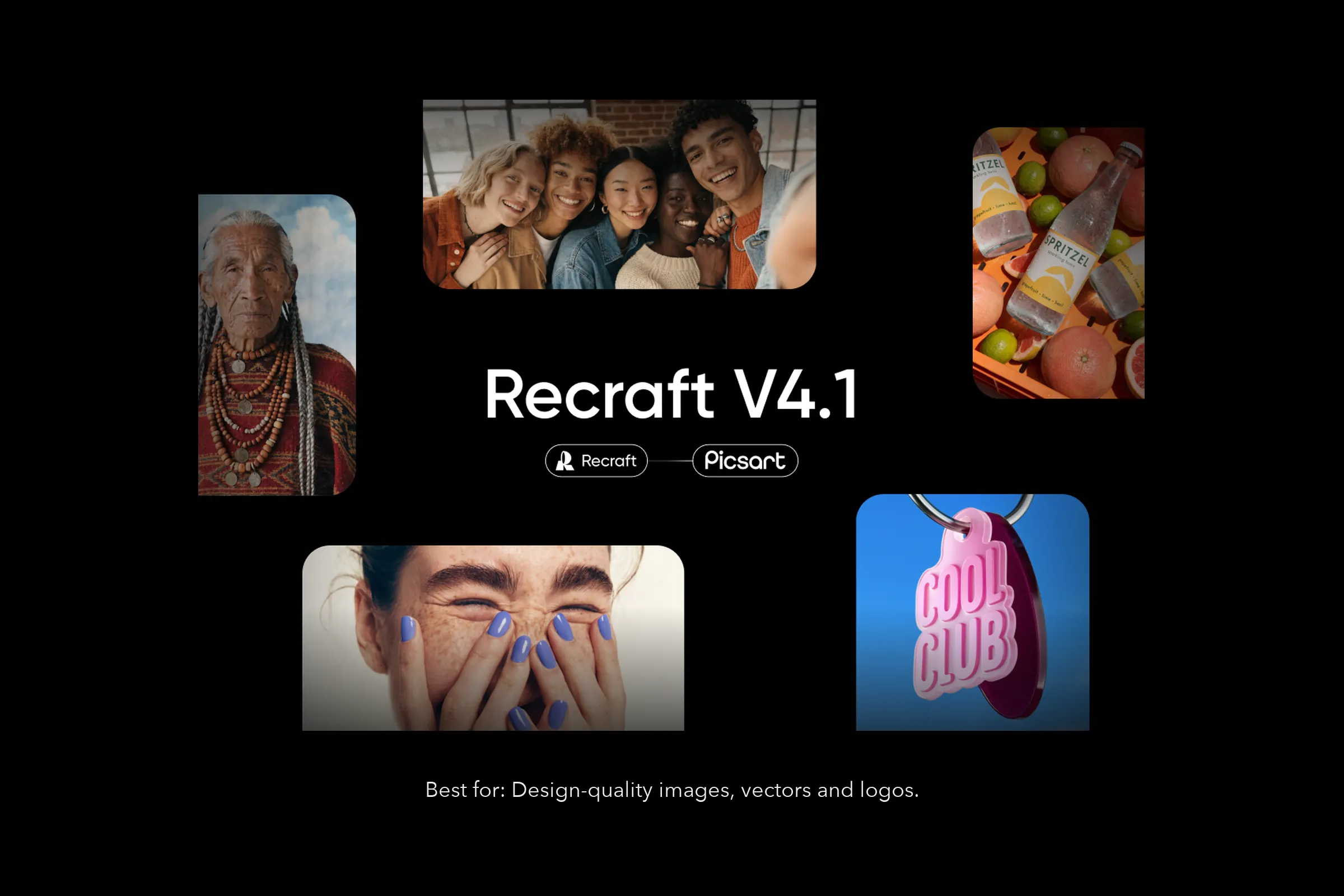 Recraft V4.1 AI image examples: group selfie, portrait, citrus drinks and a Cool Club keychain