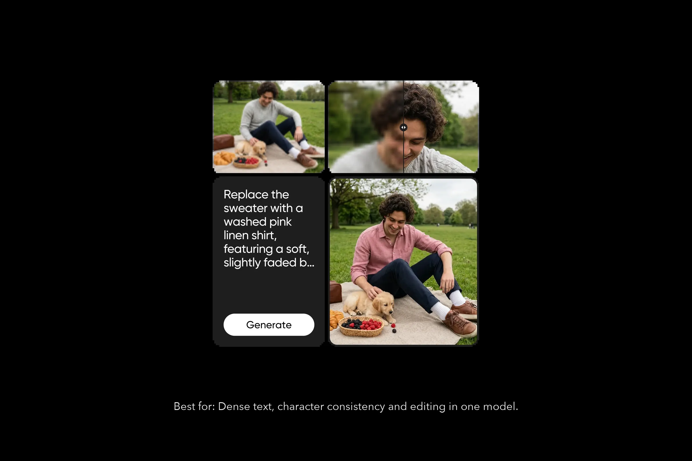 Seedream 5.0 Pro AI image edit: man with a puppy at a picnic, sweater swapped for a pink linen shirt