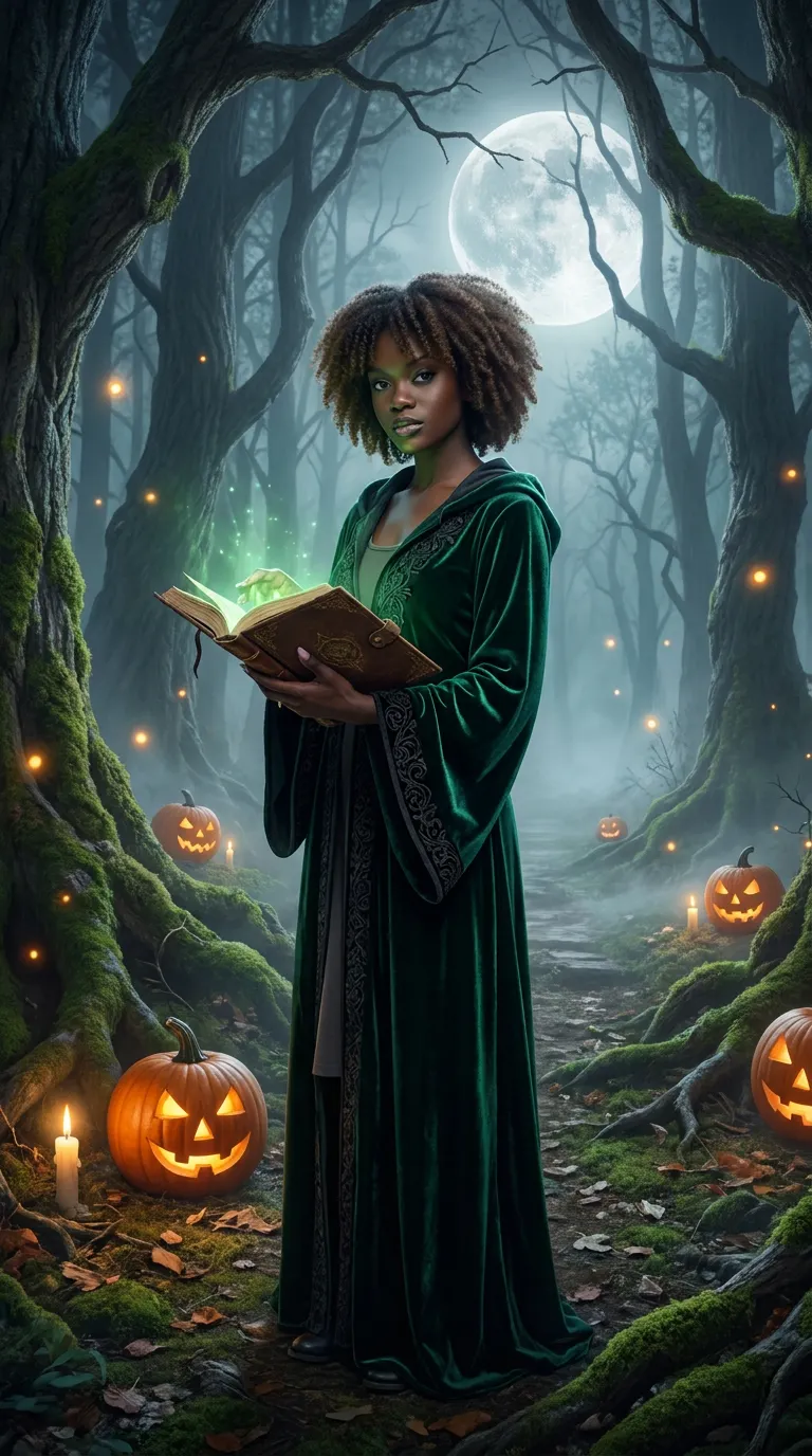 Halloween portrait of a witch in a green velvet robe holding a glowing spellbook in a moonlit forest