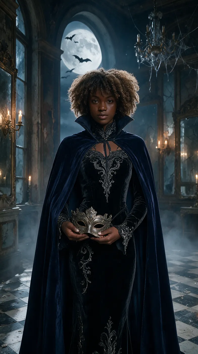 Gothic masquerade Halloween portrait in a midnight-blue cape holding a silver mask in a moonlit ballroom