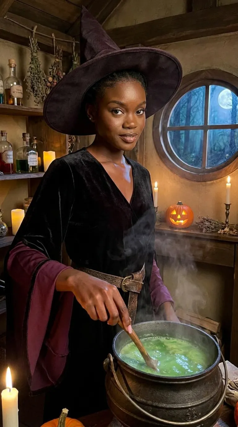 Halloween portrait of a witch in a pointed hat stirring a green potion in a cauldron inside a cottage