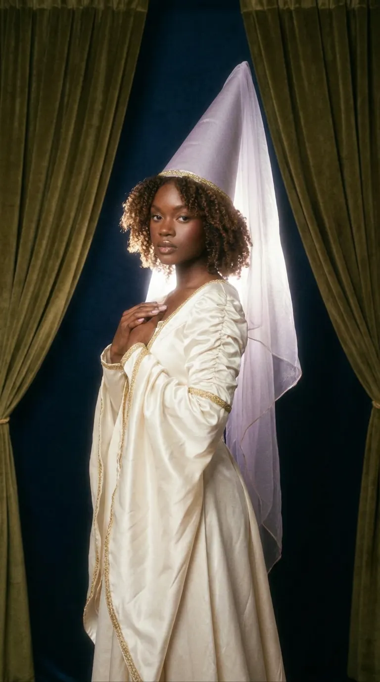 Halloween princess costume portrait in an ivory medieval gown and tall veiled hennin against green velvet curtains