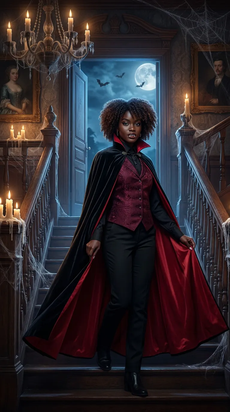 AI vampire portrait in a black cape with red lining and a burgundy waistcoat on a haunted mansion staircase