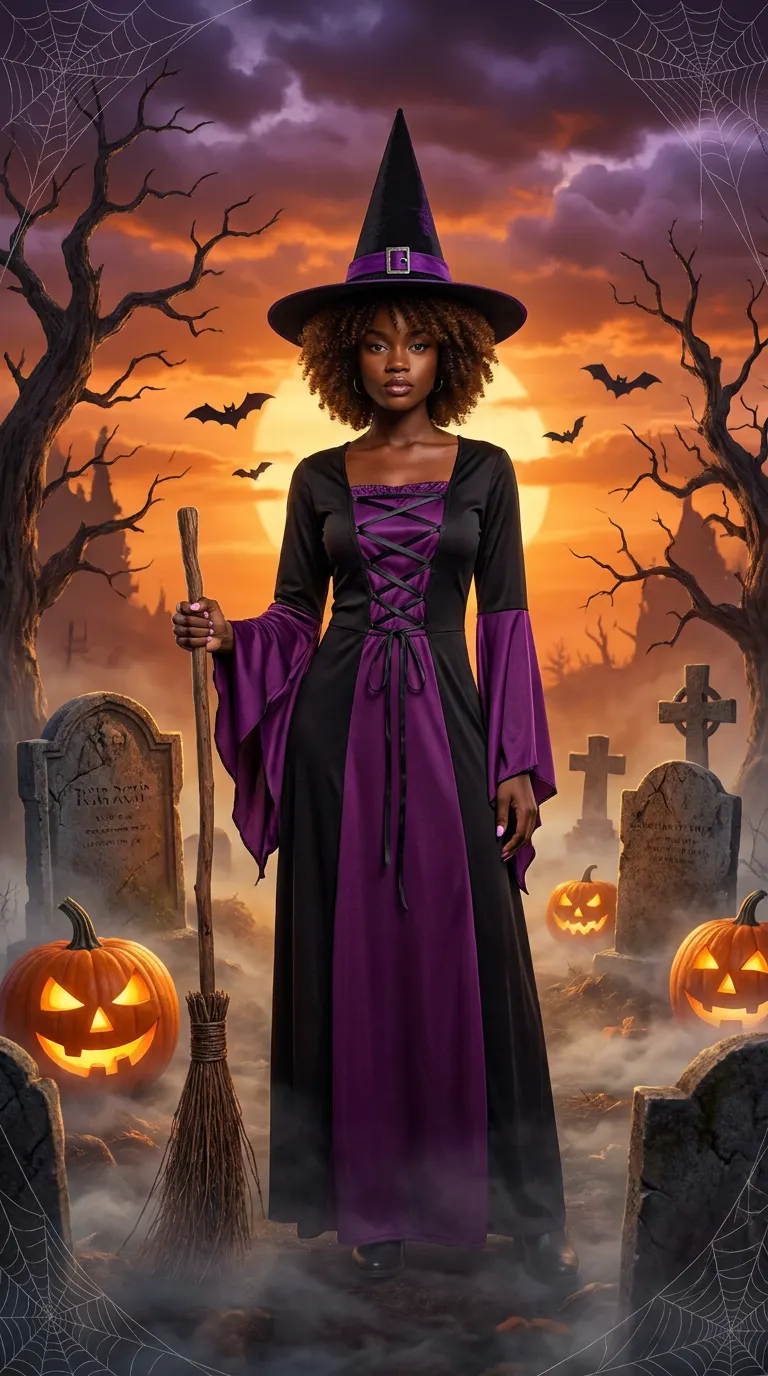 AI witch portrait in a purple and black robe and pointed hat holding a broom in a foggy cemetery with pumpkins