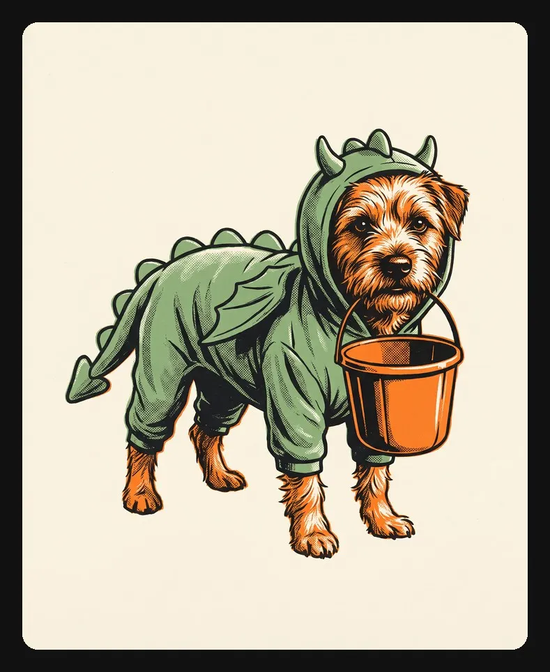 Halloween animation character sheet of a terrier in a green hand-sewn dragon costume holding an orange candy pail