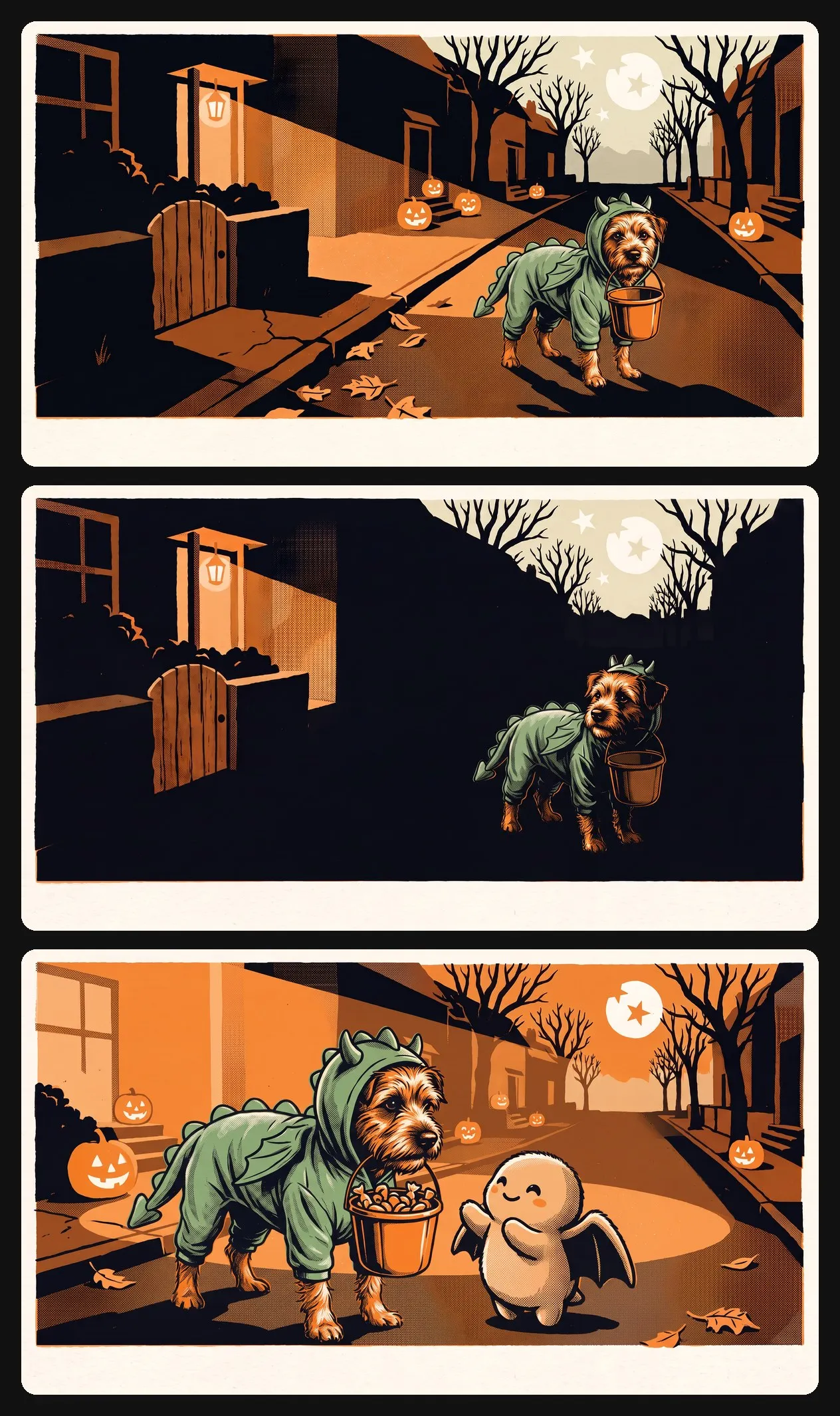 Three trick or treat animation key scenes of a terrier in a dragon costume walking down a Halloween street