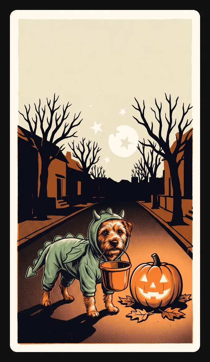 Upright Halloween animation cover poster of a terrier in a dragon costume beside a smiling carved pumpkin
