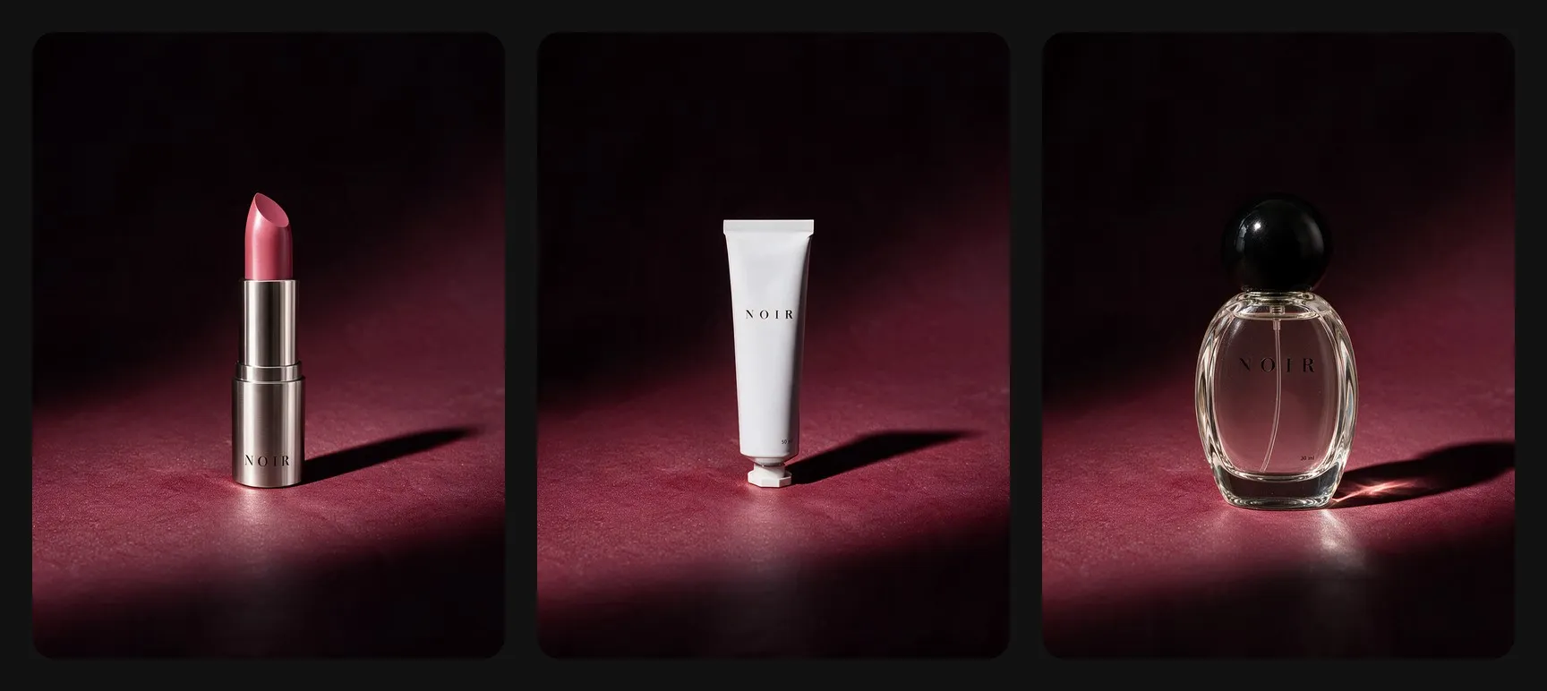 Three plain studio packshots of a lipstick, a cosmetic tube and a perfume bottle ready for a Halloween commercial