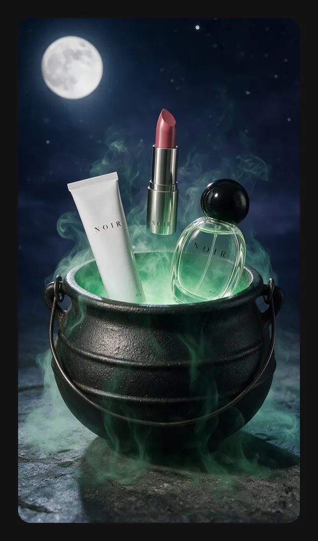 Cinematic Halloween beauty commercial scene with a lipstick, tube and perfume floating above a smoking cauldron