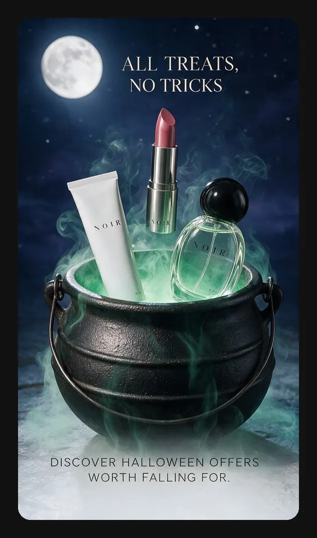 Halloween beauty commercial poster with the All treats, no tricks headline above a smoking cauldron