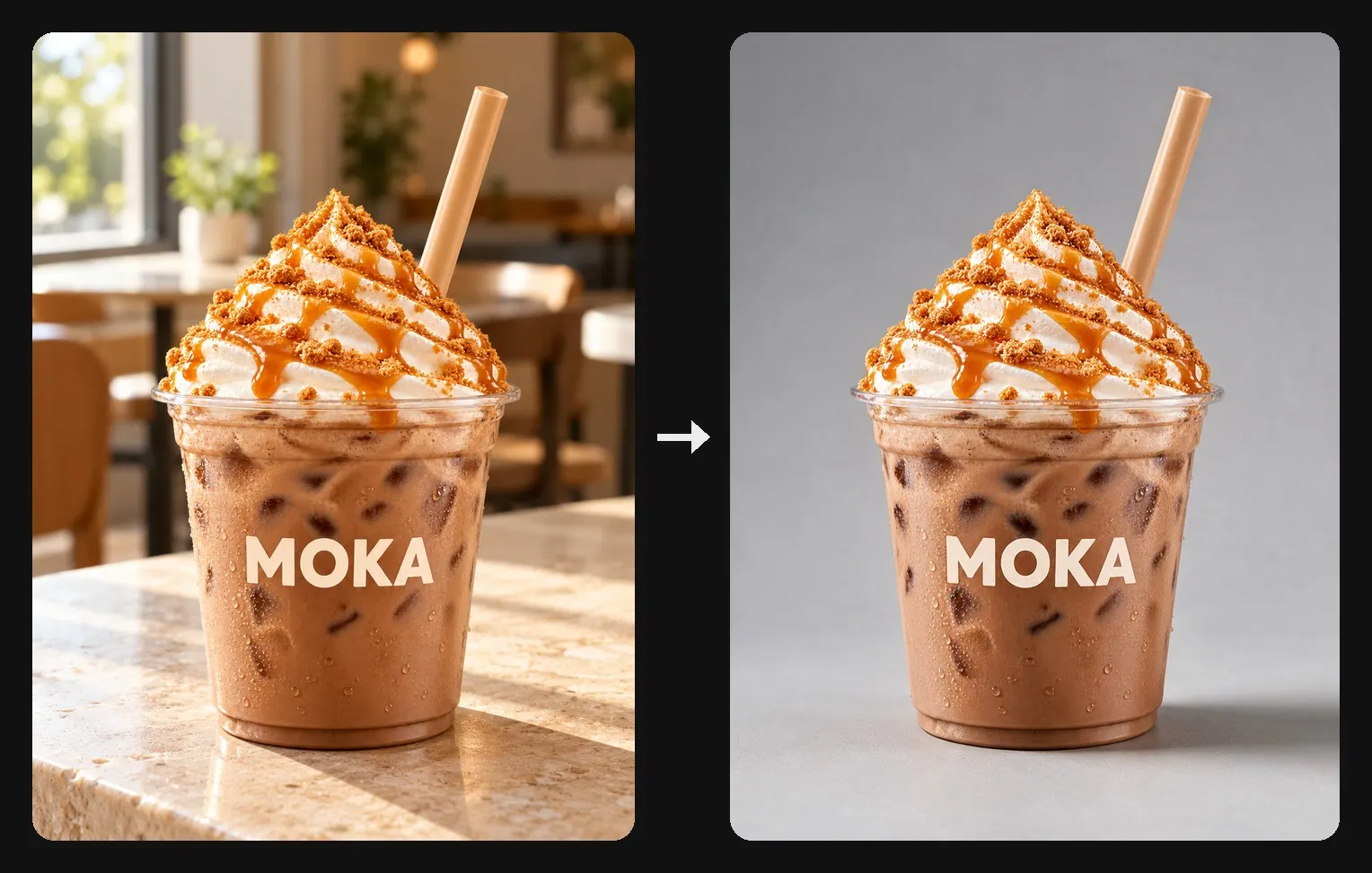 Iced mocha photo on a café counter turned into a clean studio shot on a light gray backdrop