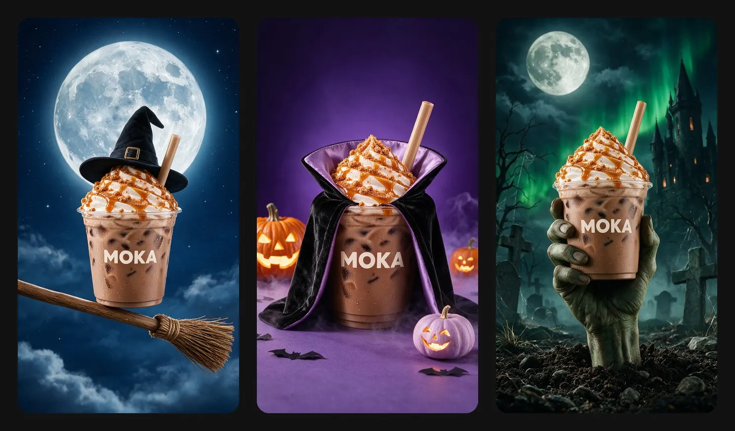 Spooky coffee commercial scenes with an iced mocha on a witch's broom, in a vampire cape and held by a zombie hand