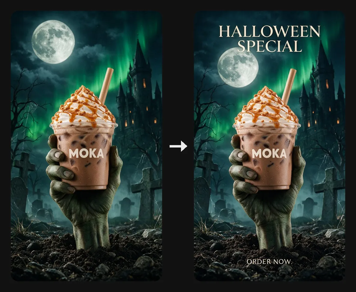 Graveyard coffee scene before and after the Halloween special headline and order now button are added