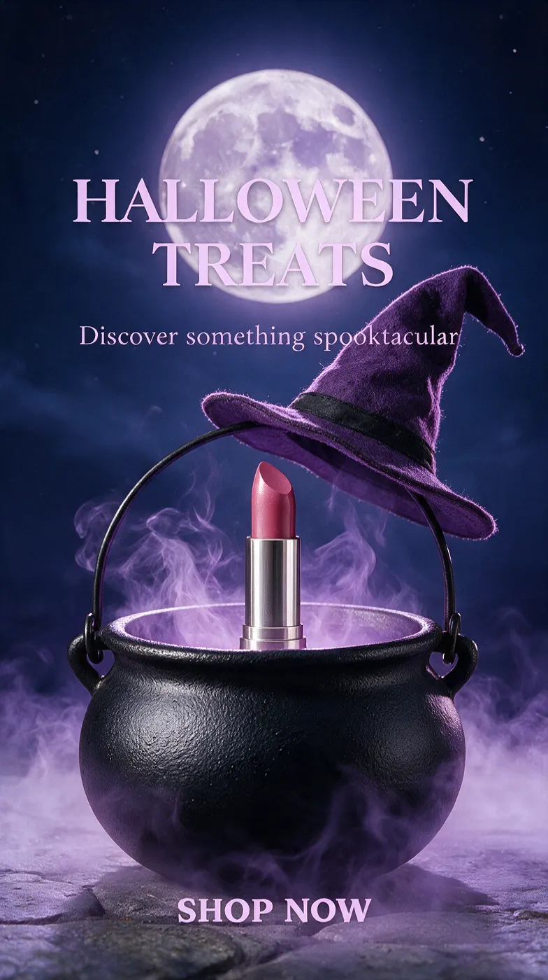 Halloween ads example: a lipstick in a black cauldron with purple mist, a witch hat and a full moon